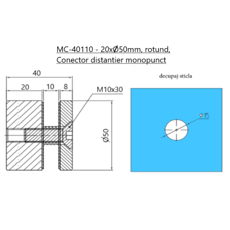 Conector monopunct tip distanțier rotund (sticla 8-12mm) MC-40110AB 20xØ50mm, black