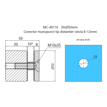 Conector monopunct tip distanțier rotund (sticla 8-16mm) MC-40110A 30xØ50mm, satinat