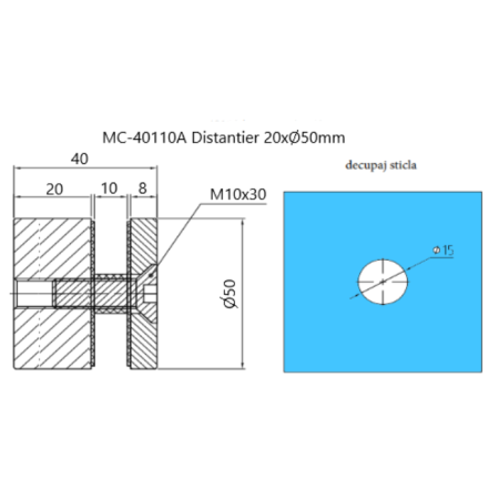 Conector monopunct tip distanțier rotund (sticla 8-12mm) MC-40110A 20x50mm, satinat
