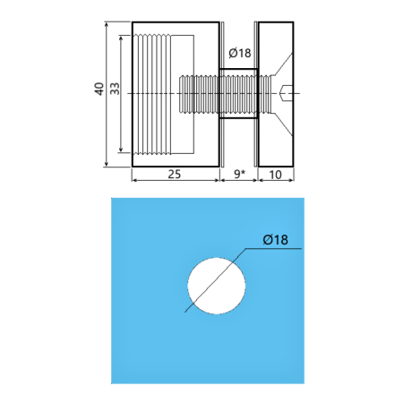 Conector monopunct reglabil tip distanțier pătrat (sticla 8-16mm) MC-40110P - 40x40x25mm, satinat